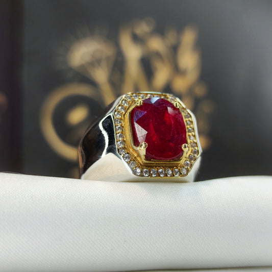 خاتم فضة عيار 925 بجوهرة من الياقوت الاحمر الافريقي - خاتم فضة