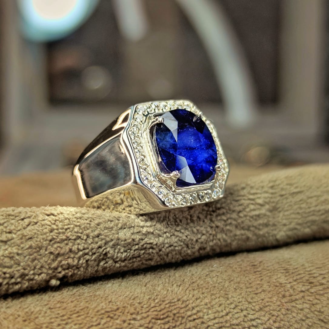 خاتم رجالي بجوهرة من الزفير الإفريقي الأزرق - فضة استرليني 925 - Khalil Jewelry