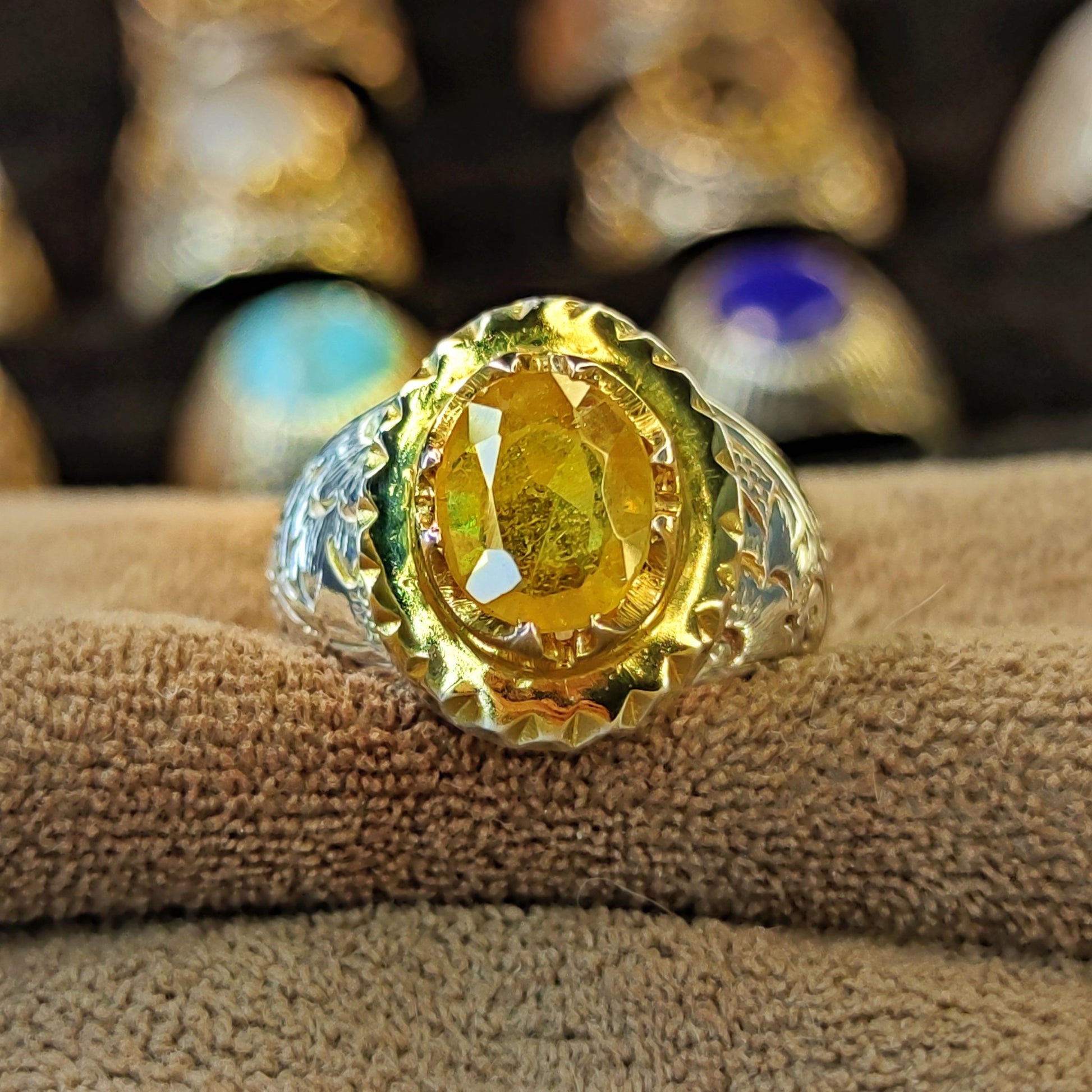 خاتم رجالي بتصميم إيراني فضة استرليني 925 - حجر زفير إفريقي أصفر طبيعي - Khalil Jewelry