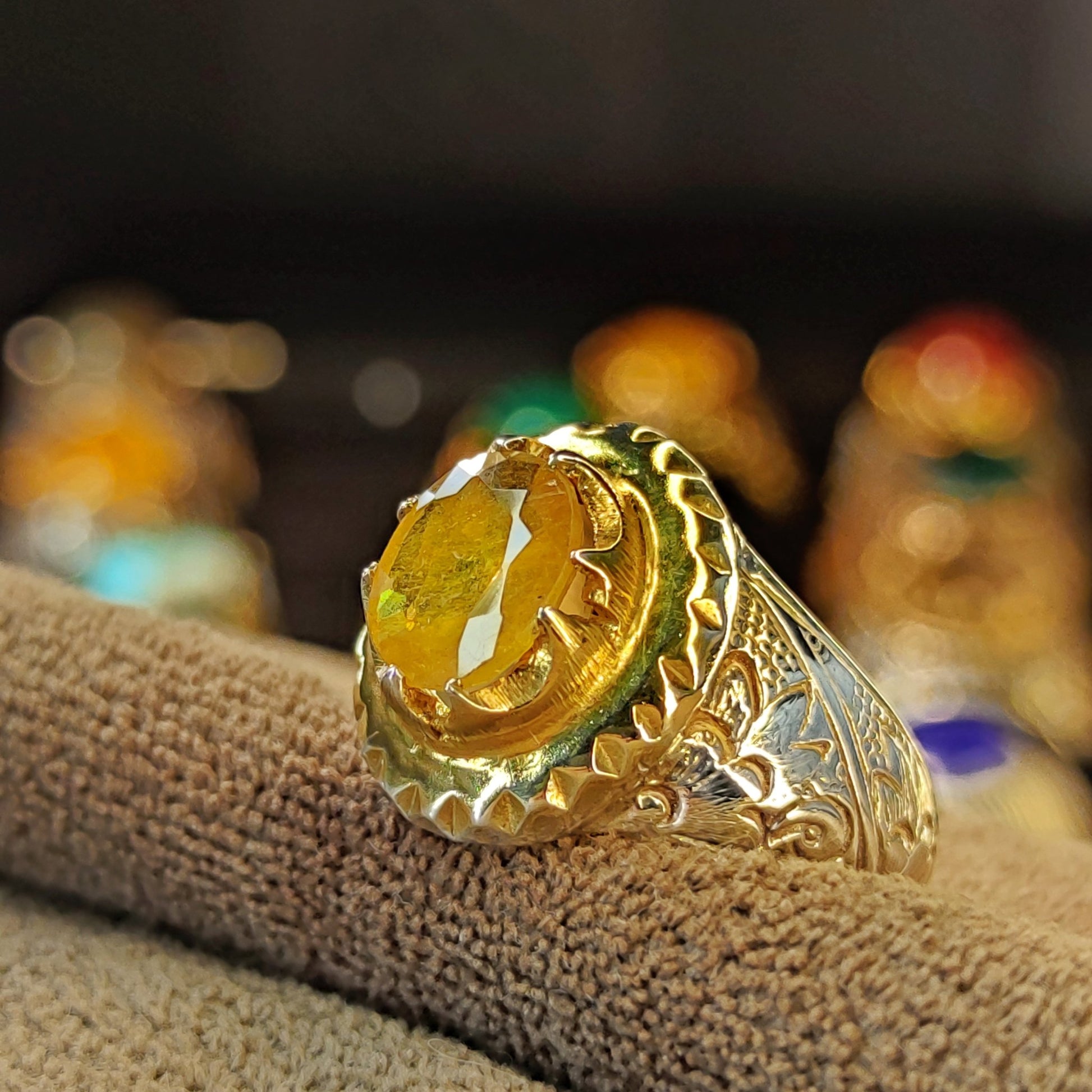 خاتم رجالي بتصميم إيراني فضة استرليني 925 - حجر زفير إفريقي أصفر طبيعي - Khalil Jewelry