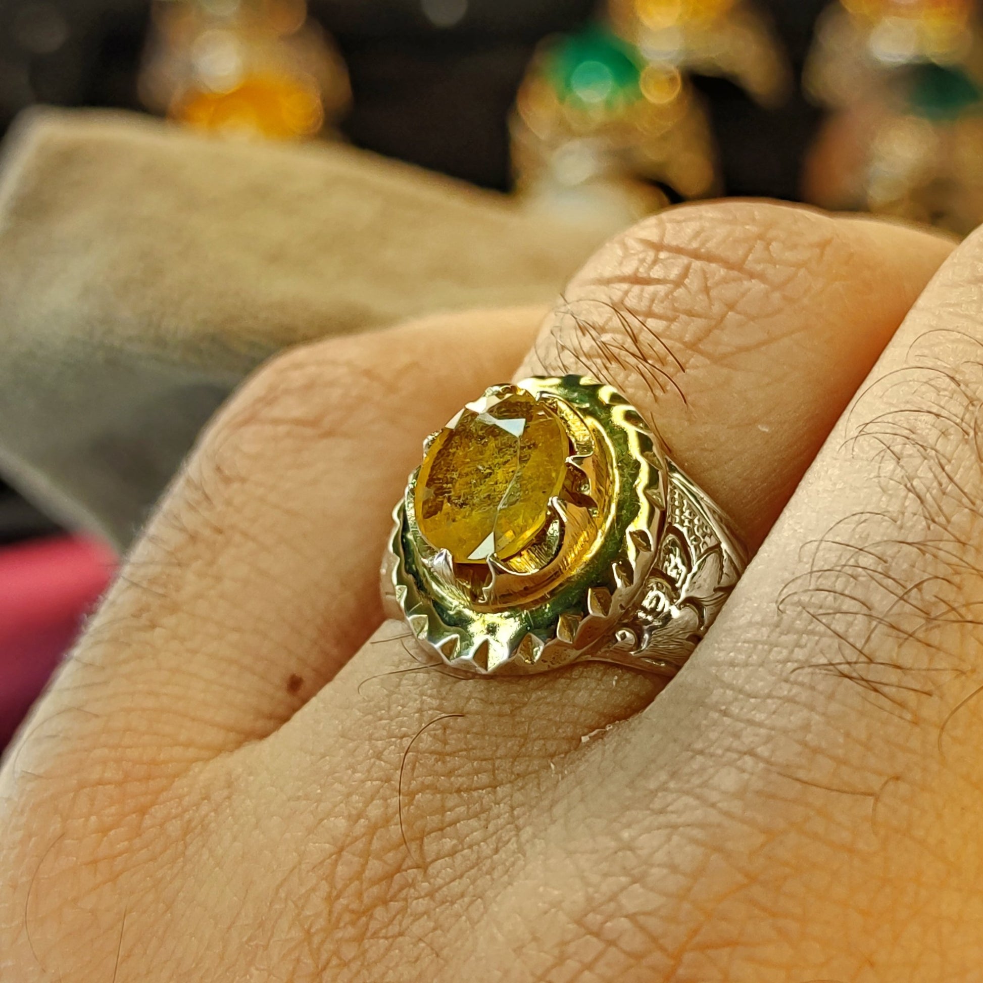 خاتم رجالي بتصميم إيراني فضة استرليني 925 - حجر زفير إفريقي أصفر طبيعي - Khalil Jewelry