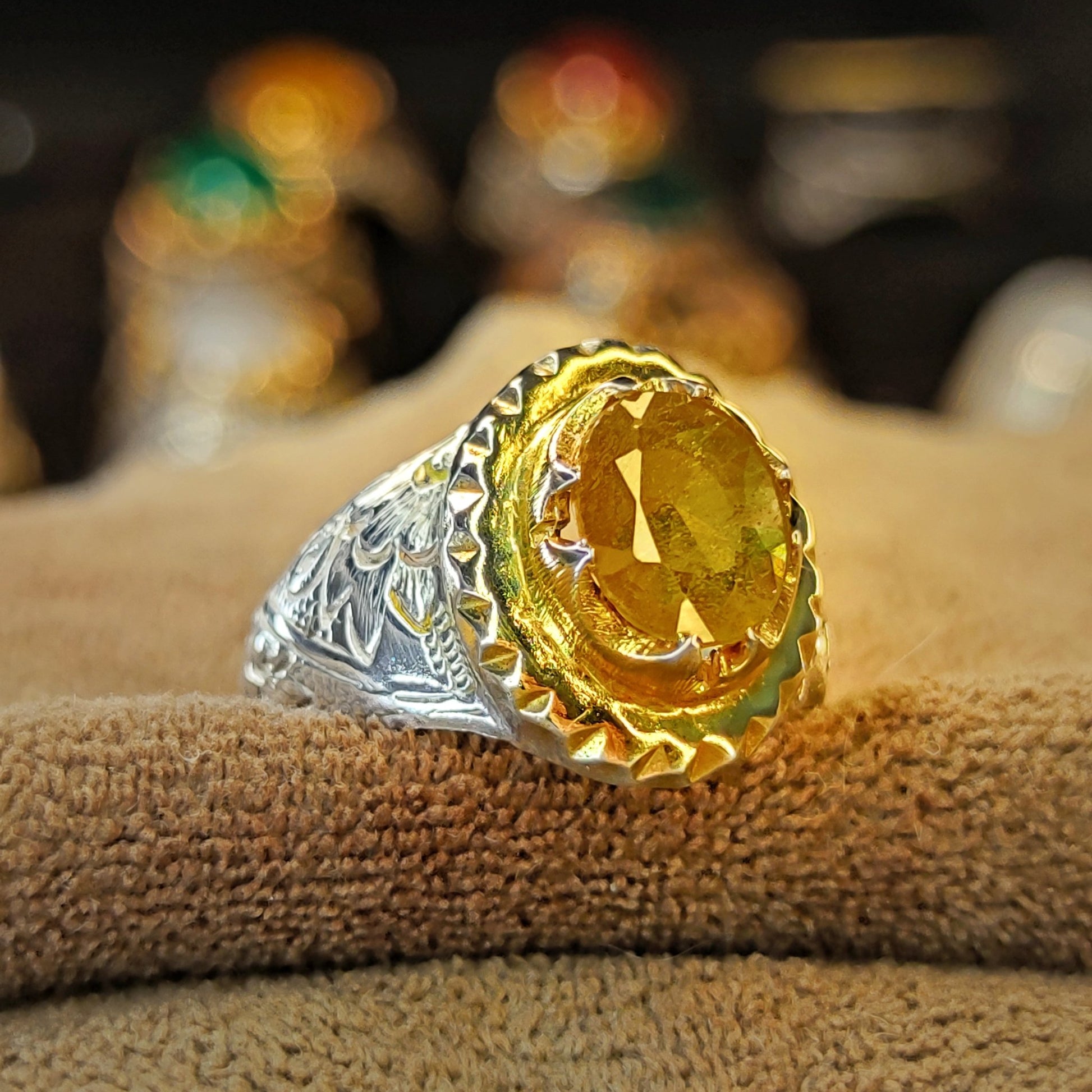 خاتم رجالي بتصميم إيراني فضة استرليني 925 - حجر زفير إفريقي أصفر طبيعي - Khalil Jewelry
