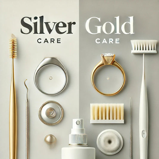 صورة بتصميم بسيط وأنيق تعرض خاتمًا ذهبيًا وخاتمًا فضيًا مع أدوات تنظيف، مع كتابة واضحة لعبارة Silver, Gold Care