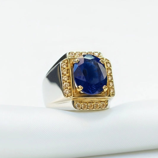 خاتم فضة مرصع بياقوت أزرق بتصميم رجالي فاخر | مجوهرات خليل