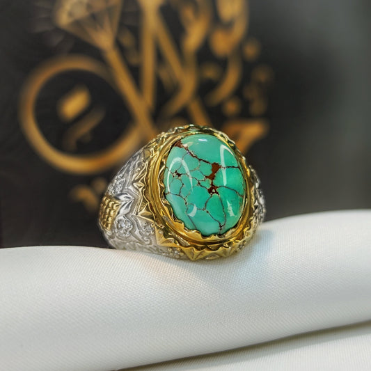 خاتم فاخر من الفيروز السيناوي الطبيعي والألماس الحر – تحفة نادرة تليق بالفخامة - Khalil Jewelry