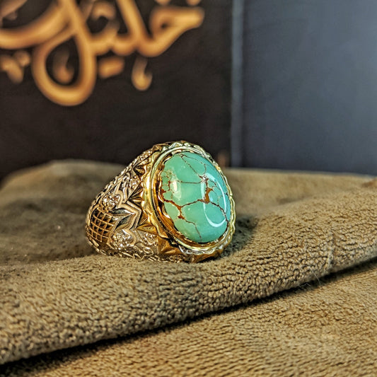 خاتم فاخر من الفيروز السيناوي الطبيعي والألماس الحر – تحفة نادرة تليق بالفخامة - Khalil Jewelry