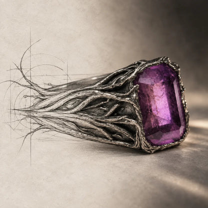 صورة تخيليه لخاتم جذور لتوضح فكرة التصميم المستوحاة من جذور الاشجار و الطبيعة تصميم مجوهرات خليل