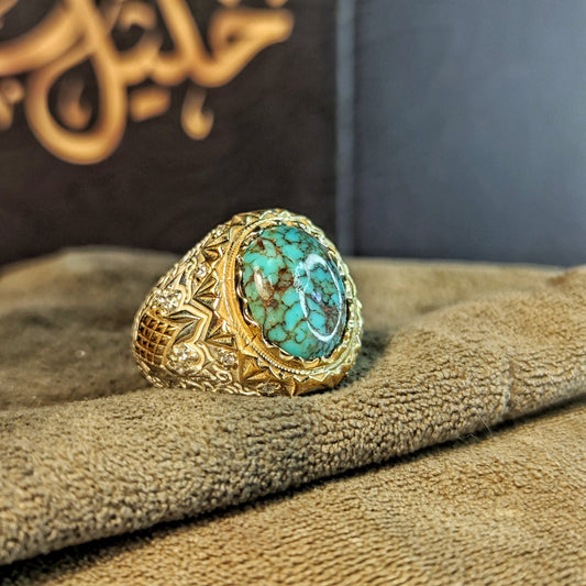 خاتم ملكي بتصميم فريد – فيروز سيناوي طبيعي مرصّع بالألماس الحر - Khalil Jewelry